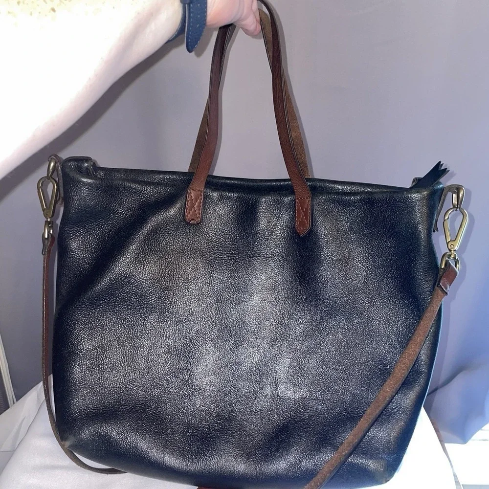 Madewell Black Leather Top Handle Zipper Tote Shoulder Bag Purse Crossbody EUC